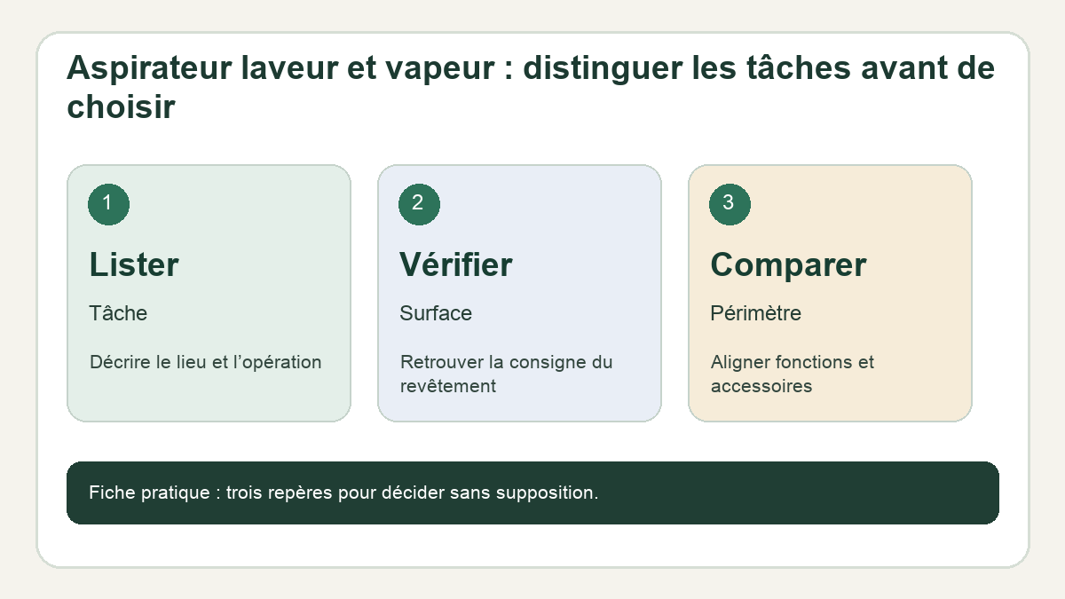 Schéma pratique : Lister : Tâche — Décrire le lieu et l’opération ; Vérifier : Surface — Retrouver la consigne du revêtement ; Comparer : Périmètre — Aligner fonctions et accessoires.